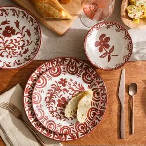 16-Piece Dinnerware Set for 4 - Stoneware - Valencia Flor - Pomegranate Red