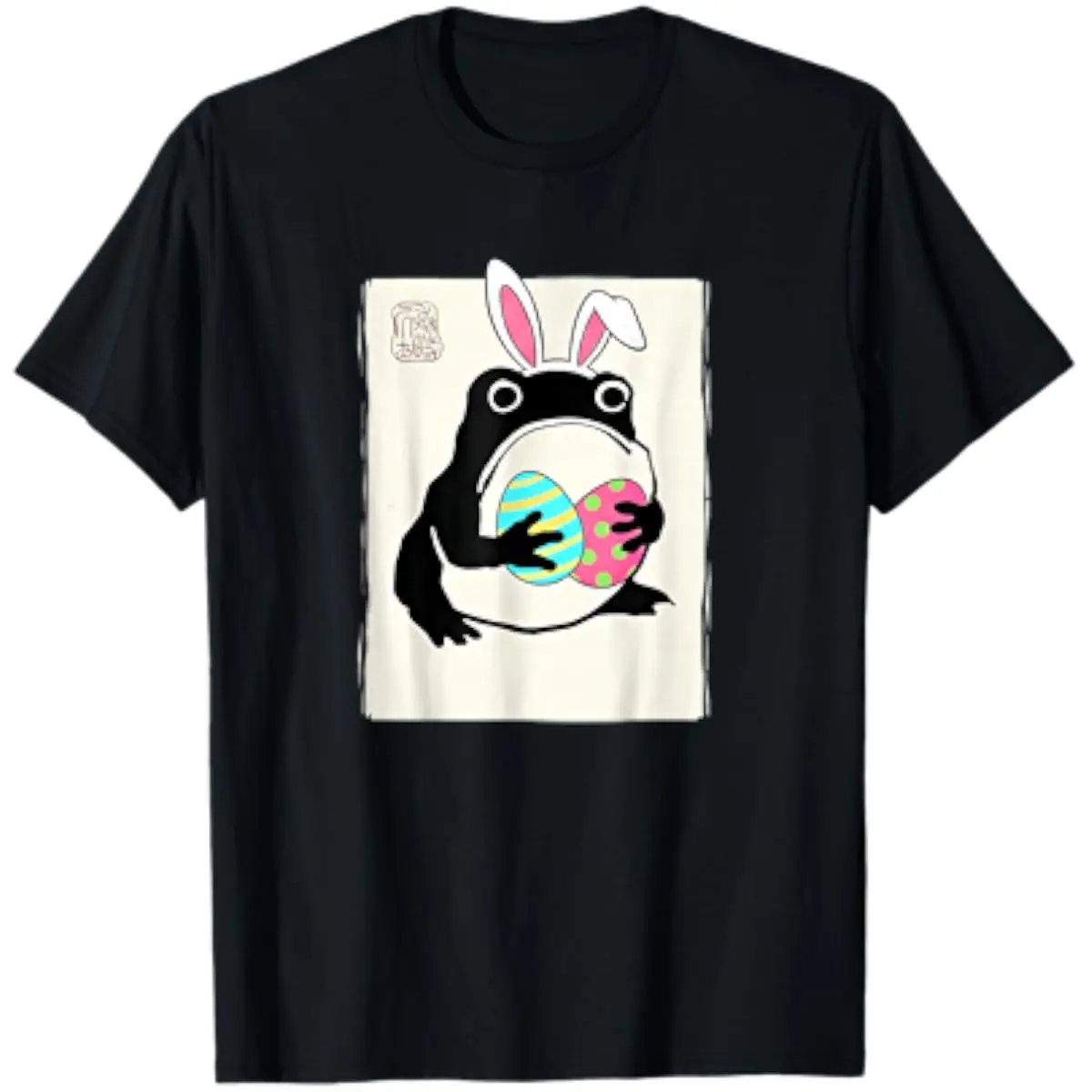 Funny Easter Grumpy Frog Japanese Ukiyo-e Style T-Shirt Short Sleeve Crew Neck Casual Menswear Top Black Breathable