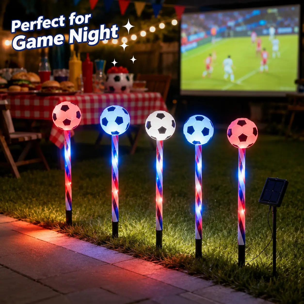 5-Piece Solar-Powered Waterproof Soccer Ball Stake Lights - Football Theme Decor for Home Garden Accents, Pathway Illumination