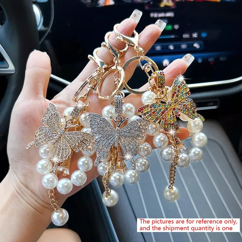 Creative Pearl Chain Butterfly Keychain with Rhinestones, Fashionable Car and Bag Pendant, Unique Gift for Friends and Family, Bling Bling Keychains