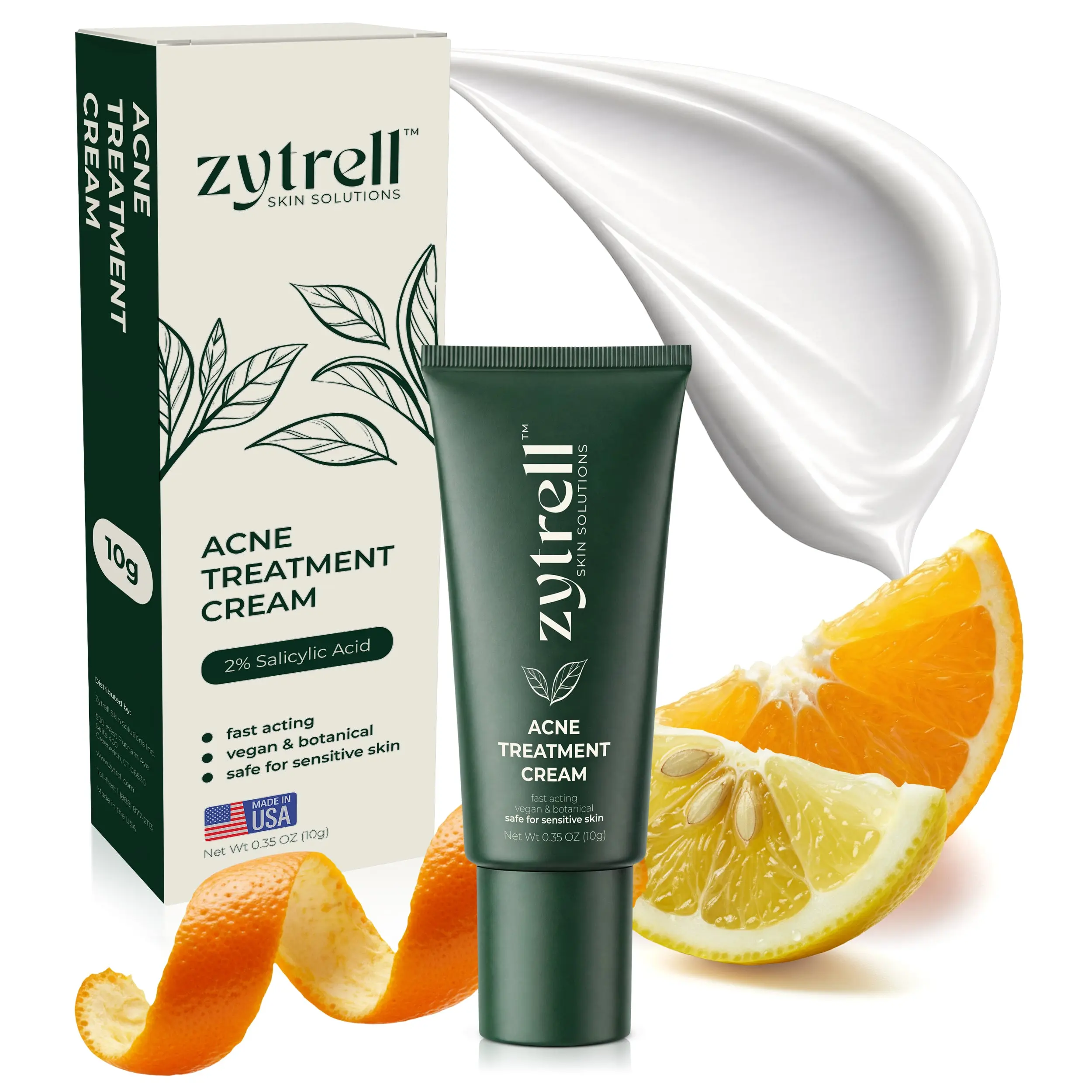 ZYTRELL Acne Cream Treatment with 2% Salicylic Acid for Face, Pimple Spots & Marks, Blemish-Prone Skin, Tea Tree, Aloe Vera, Resveratrol & Bakuchiol, Fast-Acting, Vegan, 0.35 oz