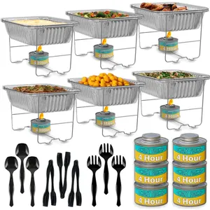 Disposable Chafing Dish Buffet Set – 6 Pack Half Size (Standard 10 3/8" x 12 3/4"), Patented Foldable Wire Racks, 4-Hour Fuel Cans, Aluminum Food & Water Pans, Serving Utensils, Reusable or Disposable