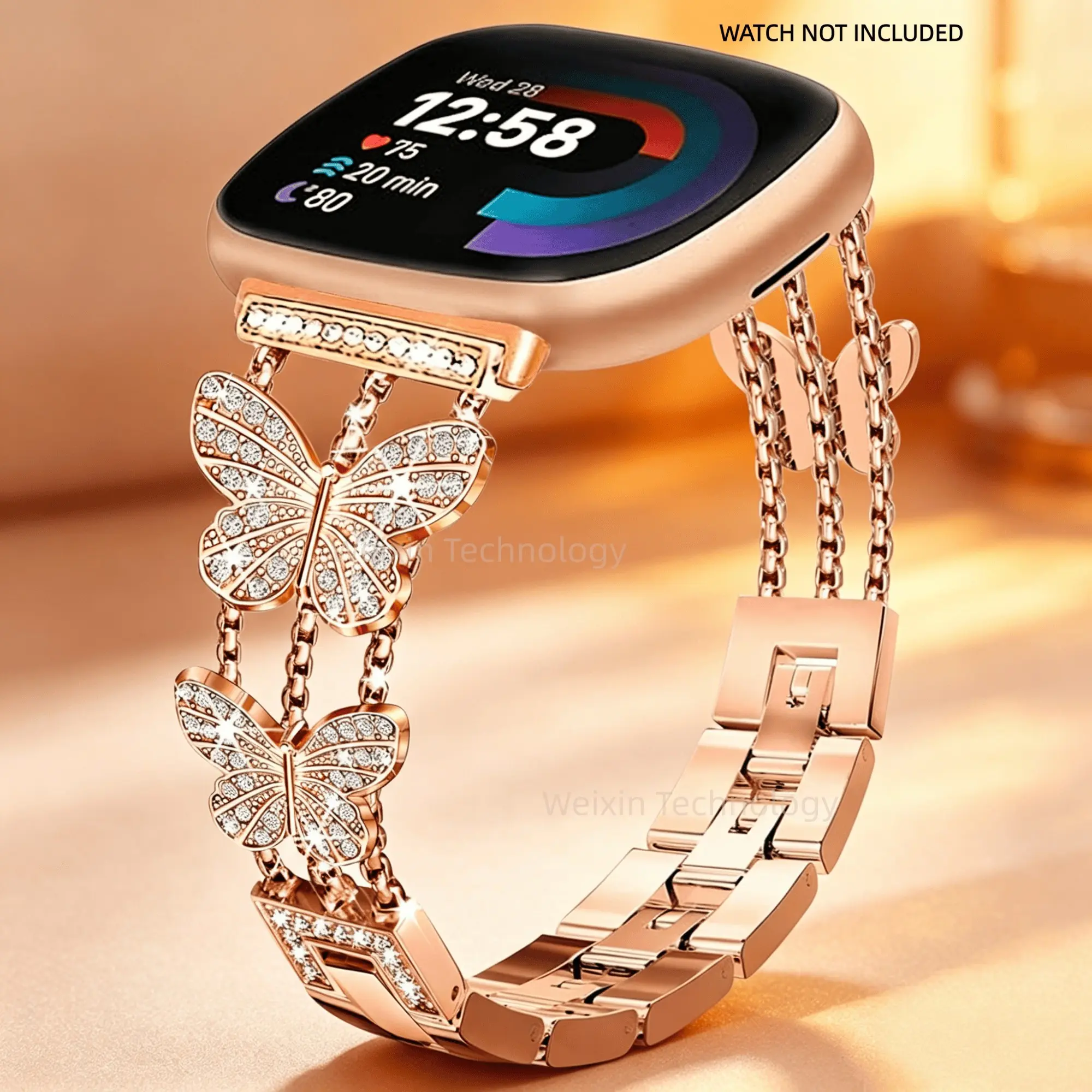 Shiny metal strap, suitable for Fitbit Versa 4/Sense 2/Versa 3/Sense straps, diamond butterfly fashionable daily adjustable strap for women, suitable for Fitbit smartwatches, Smartwatch compatible bands, Smartwatch Accessories