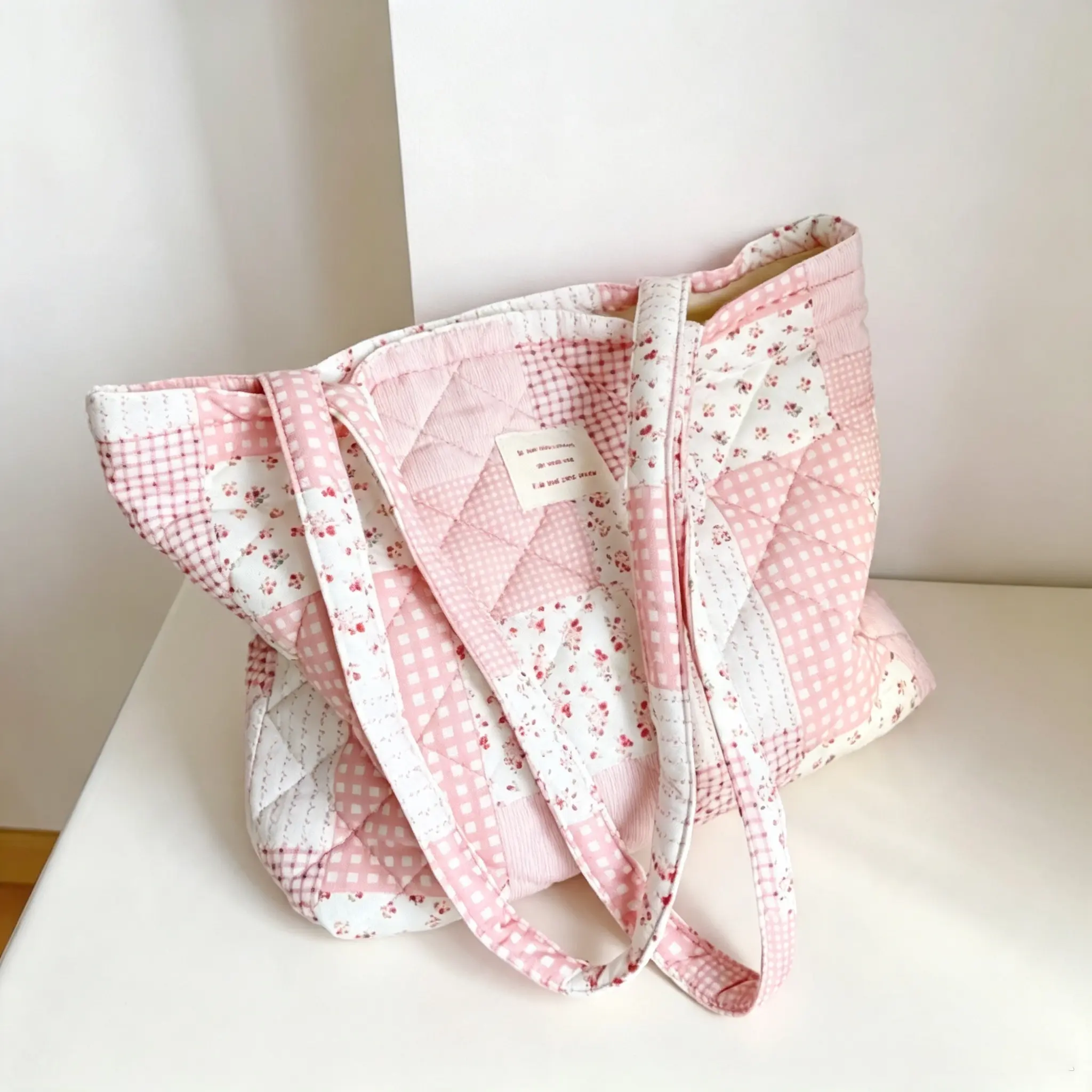 Cute floral small square handbag - Women's zipper shoulder bag, pink floral large tote bag, suitable for daily commuting outfits.