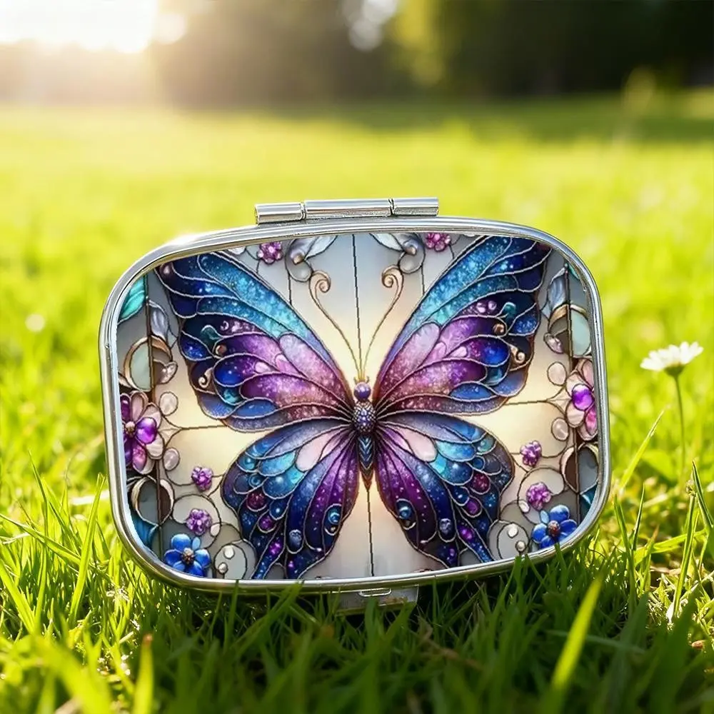 Butterfly-Themed Metal Pill Box with 2 Compartments, Portable Pocket-Sized Medicine Container for Travel & Wallet, Unique Gift Idea, Vitamin Organizer, Supplement Organizer, Medical Organizer
