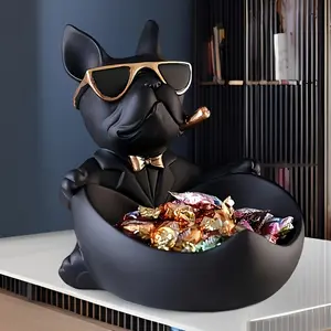 Large French Bulldog Storage Decor Resin Statue, Includes Glasses and Key Tray, Animal Theme Candy Holder, Home Office Desk Decoration, Christmas Gift