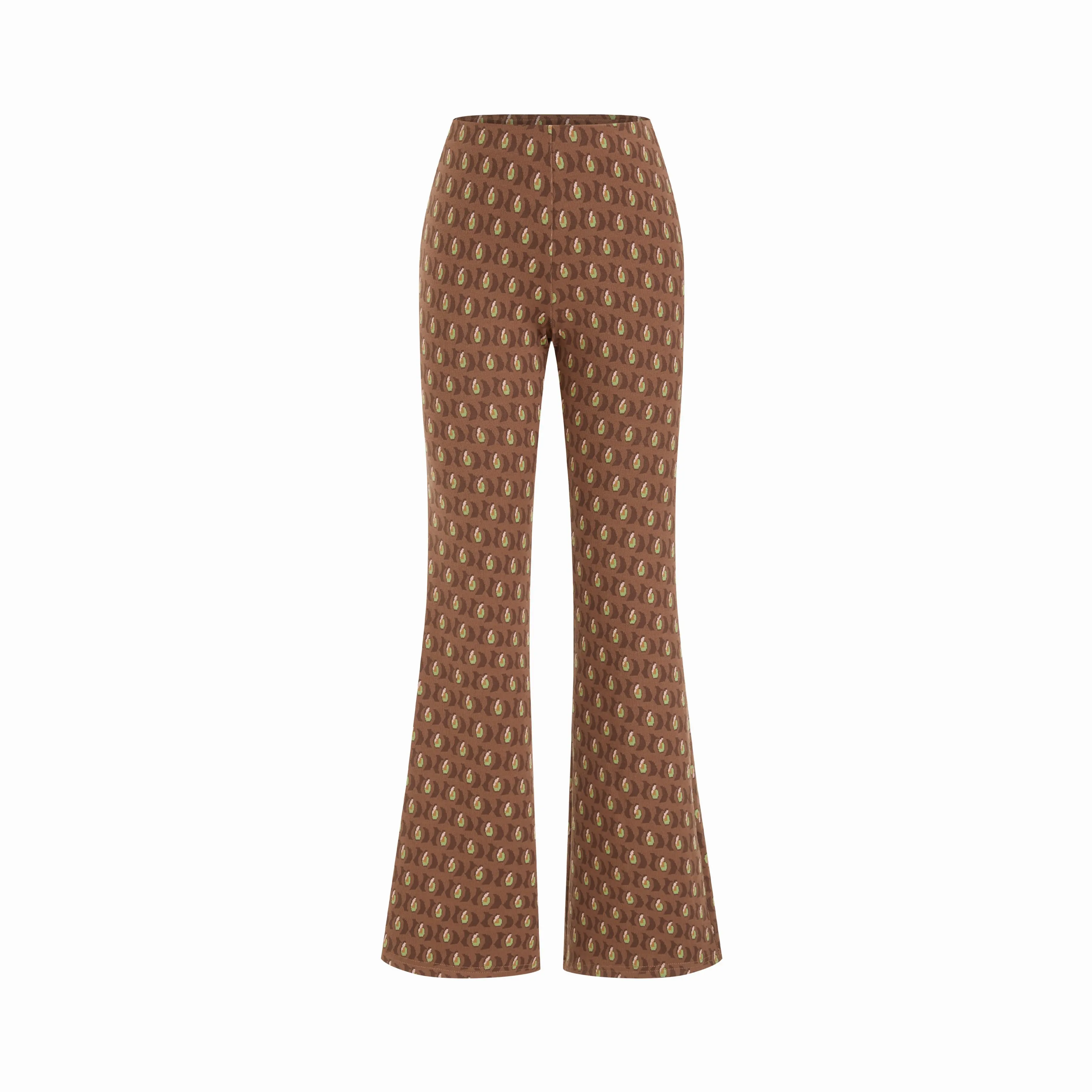 Cider Women's Mid-Waist Geometric Jacquard Flared Pants - Elastane Textured Woven Fabric, Medium Stretch, Zipper Detail, Casual Streetwear Bottoms