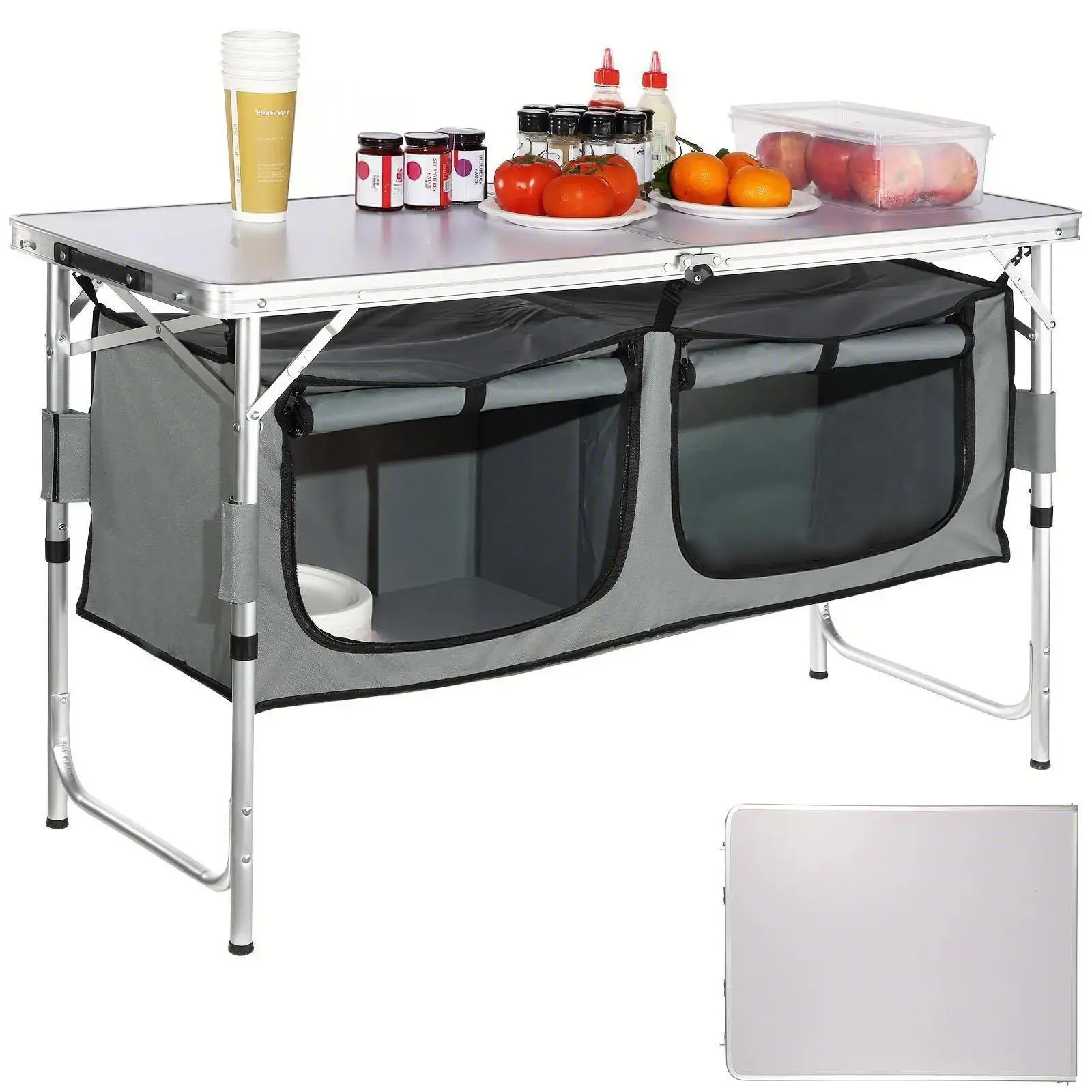 3 Levels Height Adjustable Folding Camping Kitchen Table, Portable Outdoor Cook Station, Powder-Coated Aluminum Frame MDF Tabletop with Zippered Storage Compartments & Carry Bag for BBQ Camping RV Travel