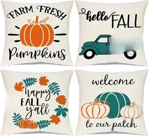 Set of 4 Linen Fall Pillow Covers (18x18 in) - Modern Farmhouse Decorative Throw Cushion Cases, Thanksgiving Pumpkin Patch Themed for Home & Outdoor Autumn Decor