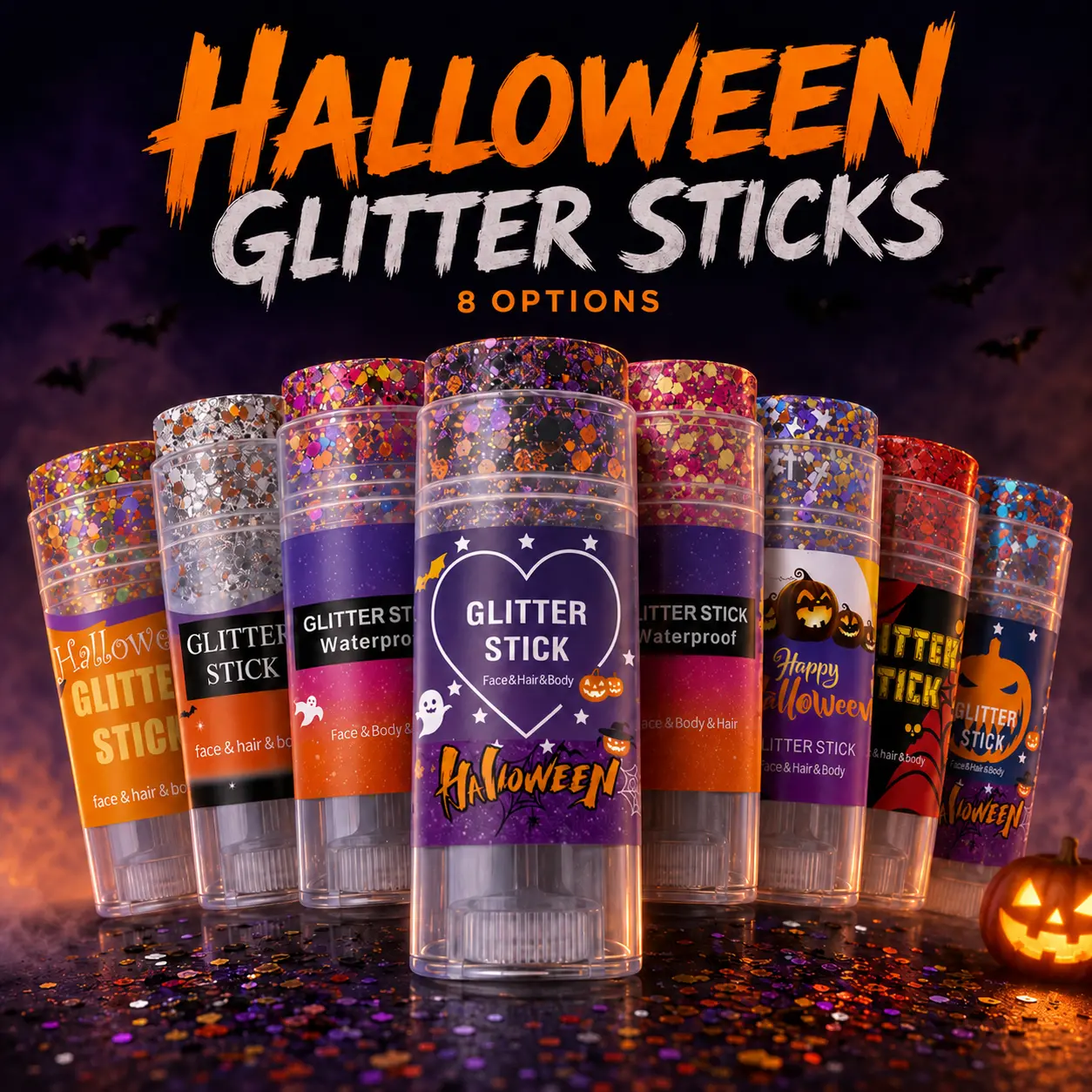 Halloween Chunky Glitter Stick – Twist-Up Face, Hair & Body Glitter, Spooky Shades for Costume Makeup & Festival Looks (1PC)