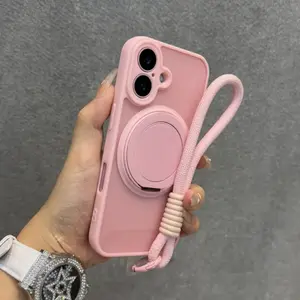 Matte Metal Ring Bracket With Lanyard Protective Phone Case For iPhone 17 Air 16 15 14 13 11 12 Pro Max 15 Plus Magnetic Wireless Charge Cover