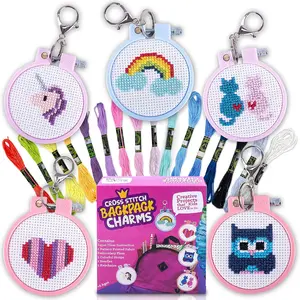 Cross Stitch Kit for Kids - 5 Easy Stamped Cross Stitch Kits for Beginners | Embroidery Kit for Girls Ages 7-13 | Needlepoint Craft Set, Backpack Charms & Keychains