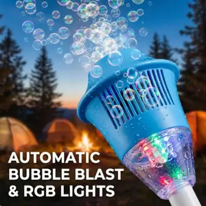 Streetlight Bubble Machine, “Torch” Bubble Machine with Music and Lights—an outdoor children's toy perfect for weddings and parties. Suitable for various occasions. Requires 3 AA batteries (not included). Recommended for ages 3 and up. Comes in a box.