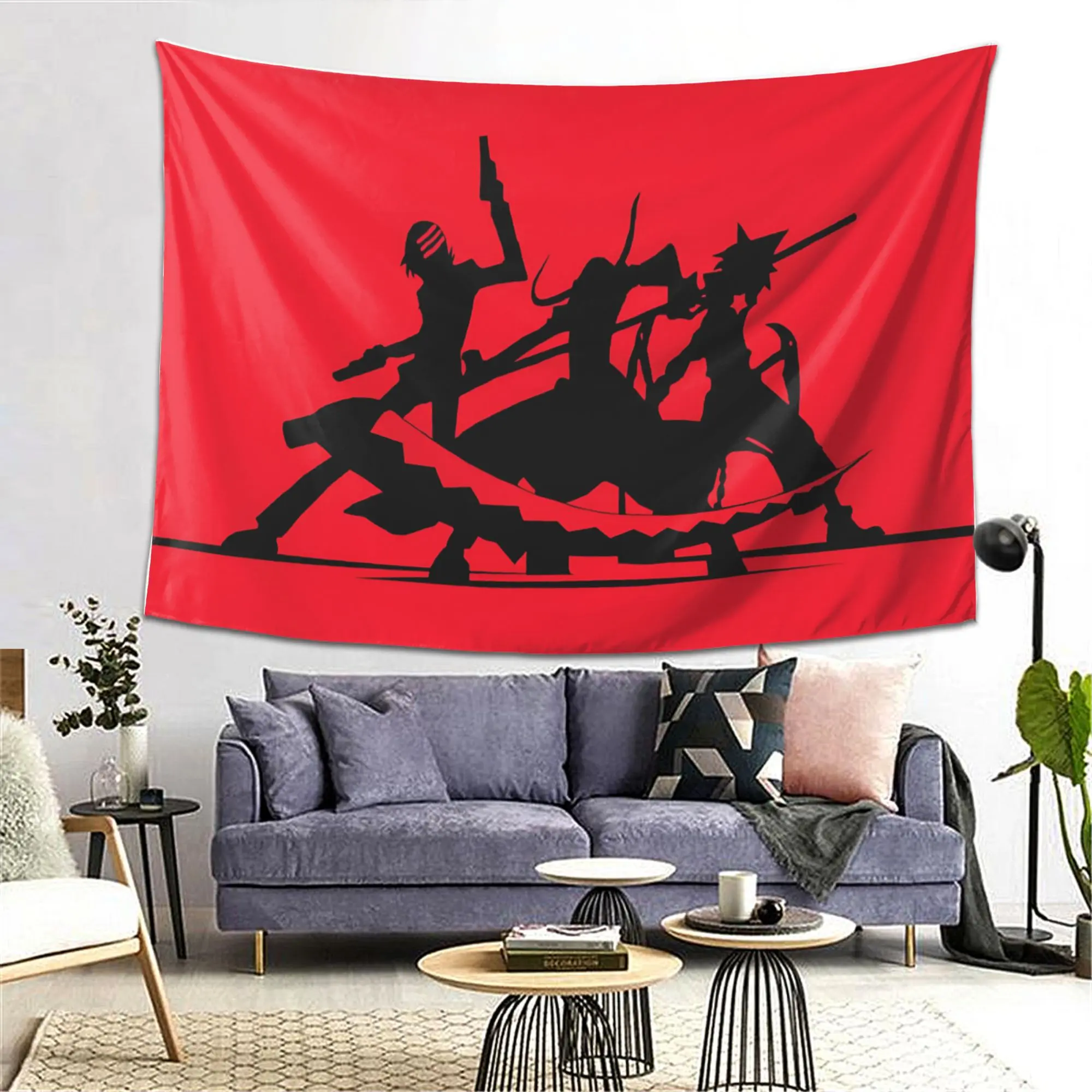 Soul Eater Anime Tapestry - Black & Red Japanese Manga Wall Hanging Poster with Characters, Soft Peach Light Beige Fabric for Bedroom, Living Room, Dorm Decor - Easy to Clean Anime Gift for Fans, Horizontal Design with Dynamic Action Poses