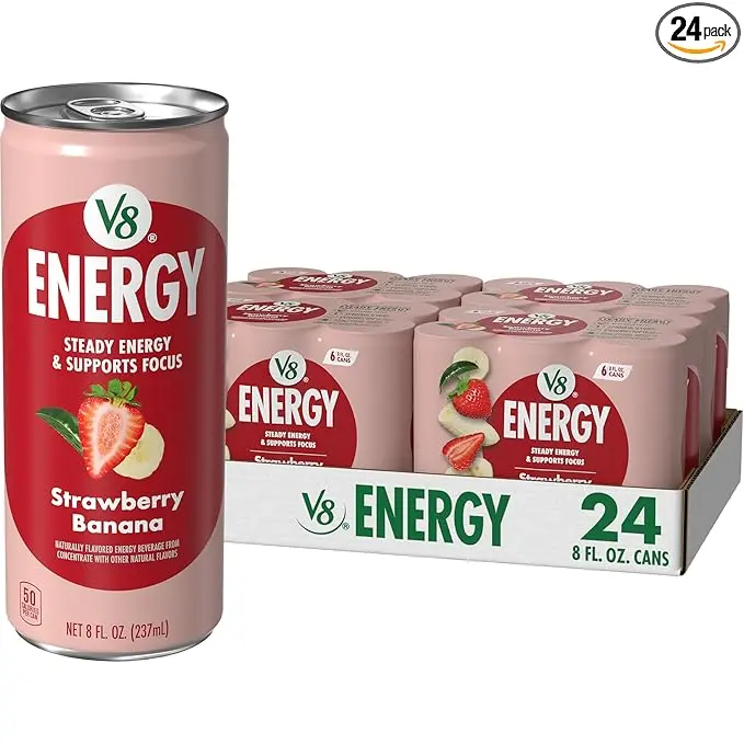 V8 Energy Strawberry Banana Fruit Veggie Blend Caffeinated Energy Drink, 8 fl oz Can (24 Pack), Energy Drinks