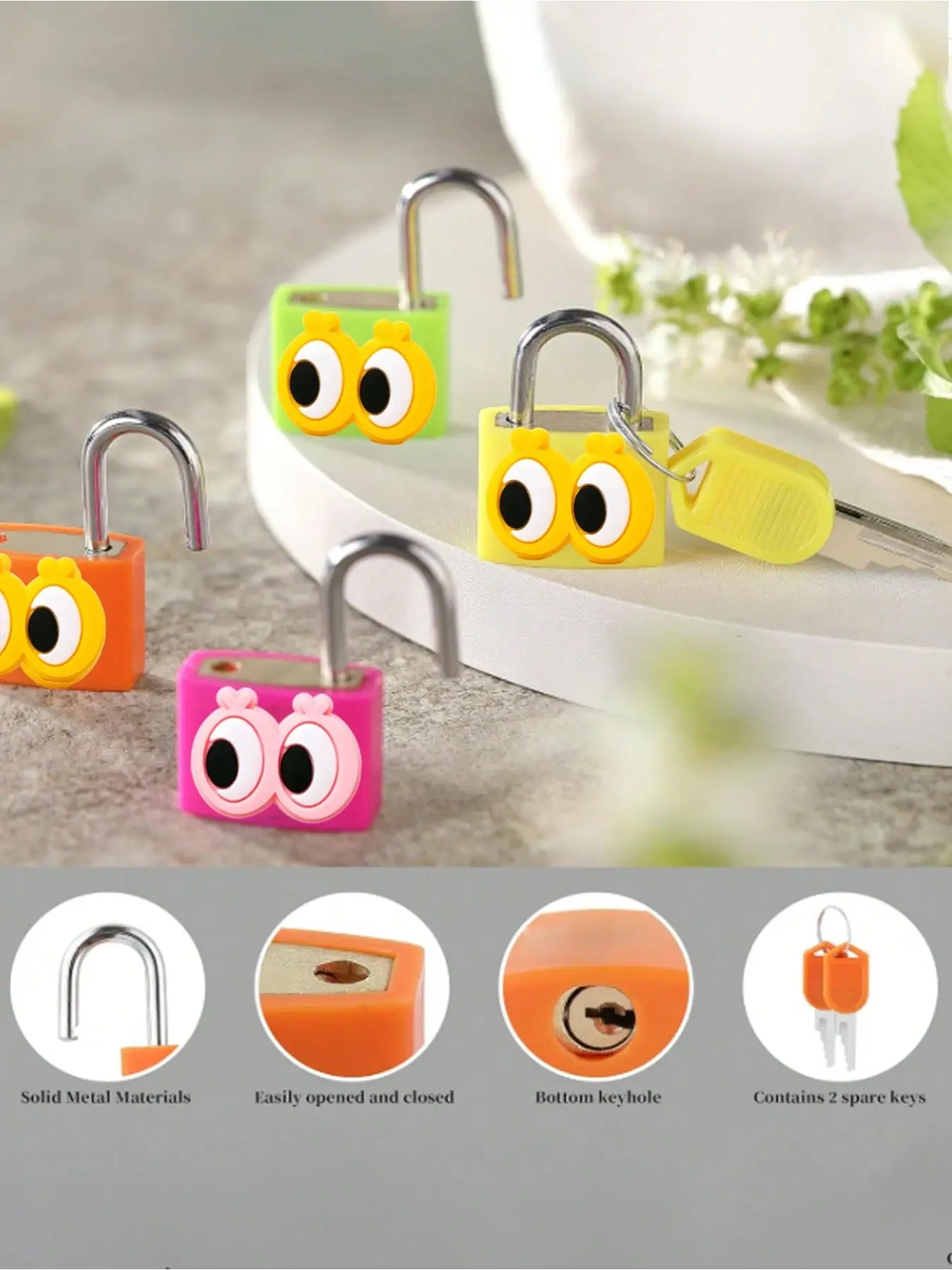 Eye pattern luggage lock with keys. Brass core & cherry printed shell, compact and sturdy. Works for suitcases, backpacks and bags. Great gift for graduation, weddings and back-to-school.