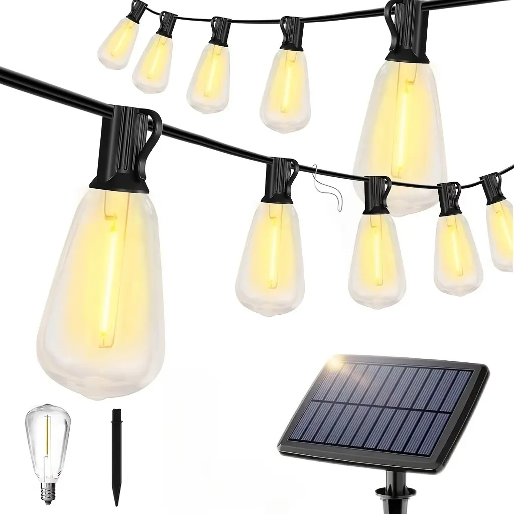 50/100FT Solar LED Outdoor String Light, USB-Rechargeable, Dimmable ST38 Shatterproof Retro Edison E12 Bulb, 2700K Warm White, Remote Control, Patio Hanging Lantern for Porch, Balcony, Pool, Camping, Party, Halloween, Christmas Holiday Decoration