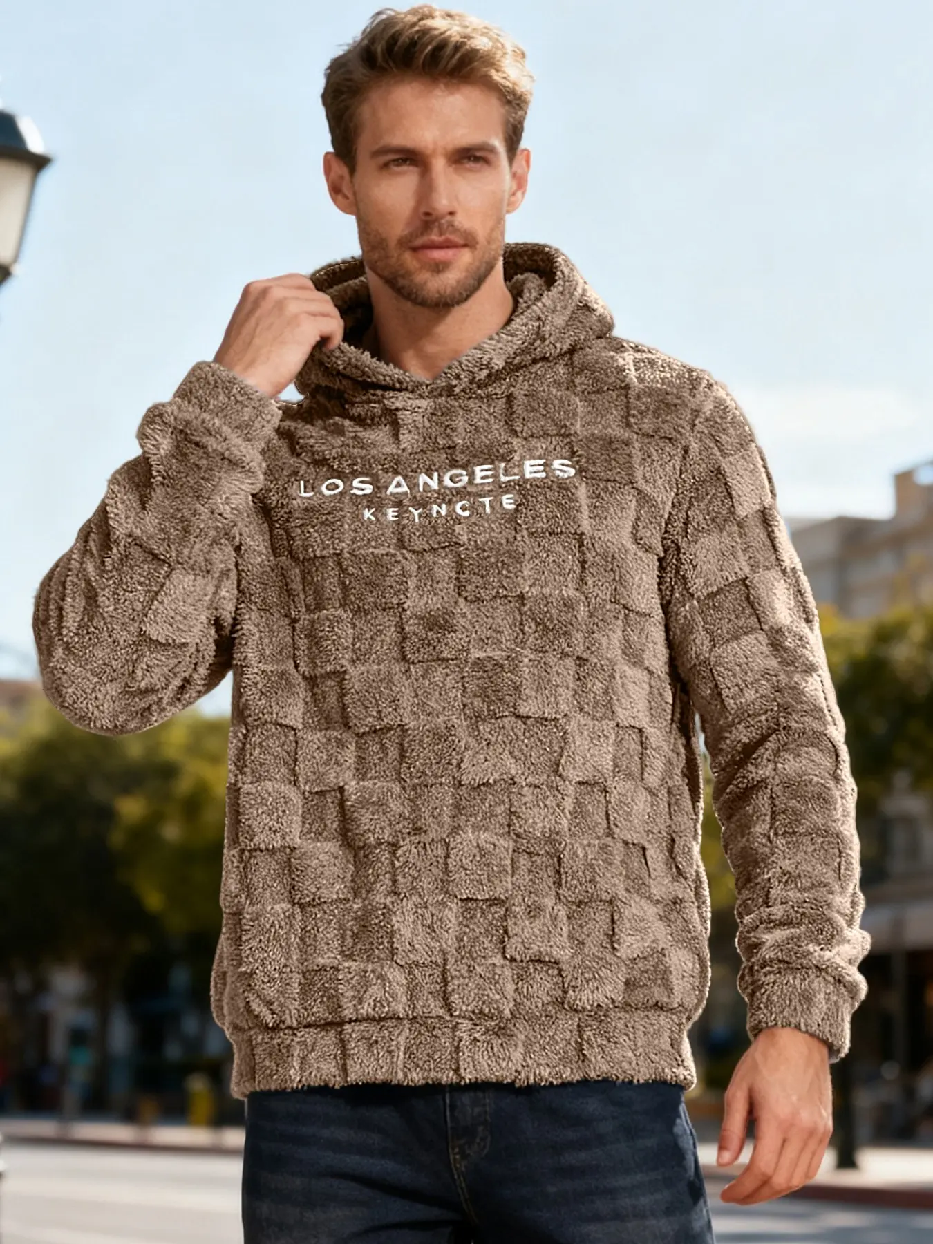 Men's solid color plaid Long Sleeve Fitted hoodie with letters, plush fabric is soft and warm, suitable for autumn and winter, casual outdoor activities, home, Sweatshirts, Fashion Hoodies, Menswear
