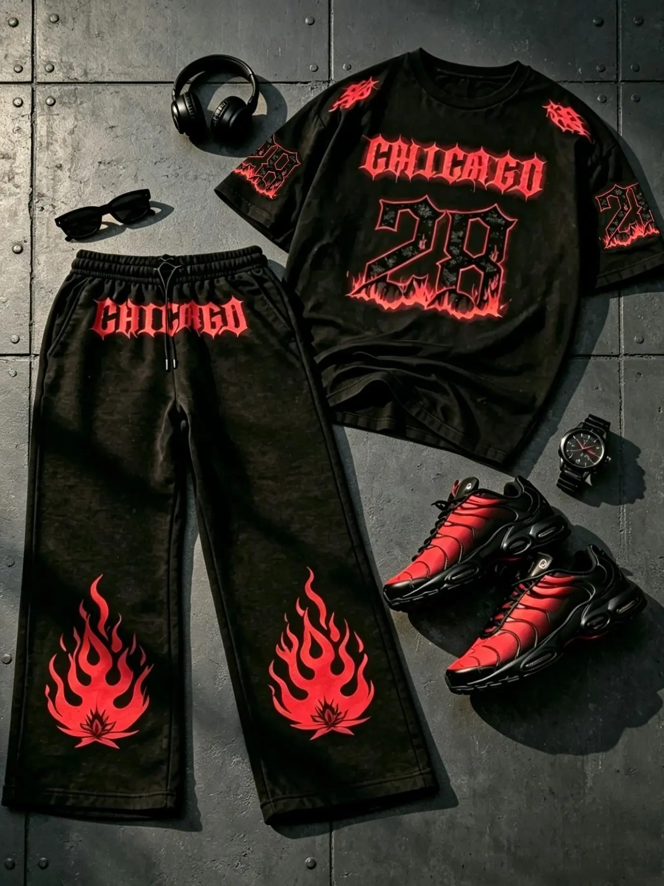 Men's Graphic Flame Suit, Colorblock Short Sleeve T-Shirt & Wide Leg Sweatpants Set, Loose Fit Streetwear, High-Street Fashion