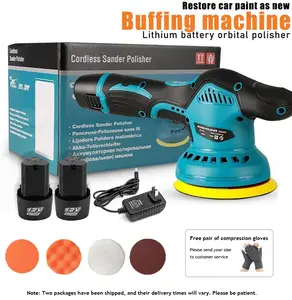 Free half-finger pressure gloves included. This 6-in-1 wireless car polishing kit features 2×12V batteries, 8-speed settings, and a 5,500 RPM random-orbit polisher, ideal for car, motorcycle and boat maintenance & scratch repair.