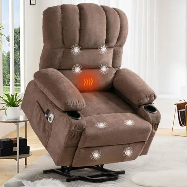 Brown Modern Linen Fabric Power Lift Recliner Chair - 36.22x38.97x40.55in, Push Button, Remote Control, Heating, Massage, Storage, Adjustable Back, Assembly Required, 350 lb & Above Capacity, for Seniors, Indoor Living Room Furniture