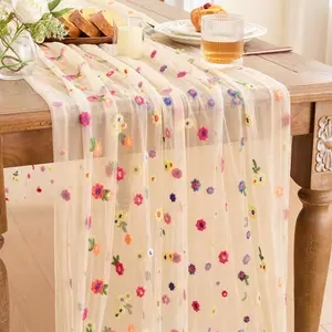 Champagne Table Runner Embroidery Daisy Summer Floral Decorations Seasonal Tulle Dining Table Runners for  Kitchen Decor Wedding Shower Party