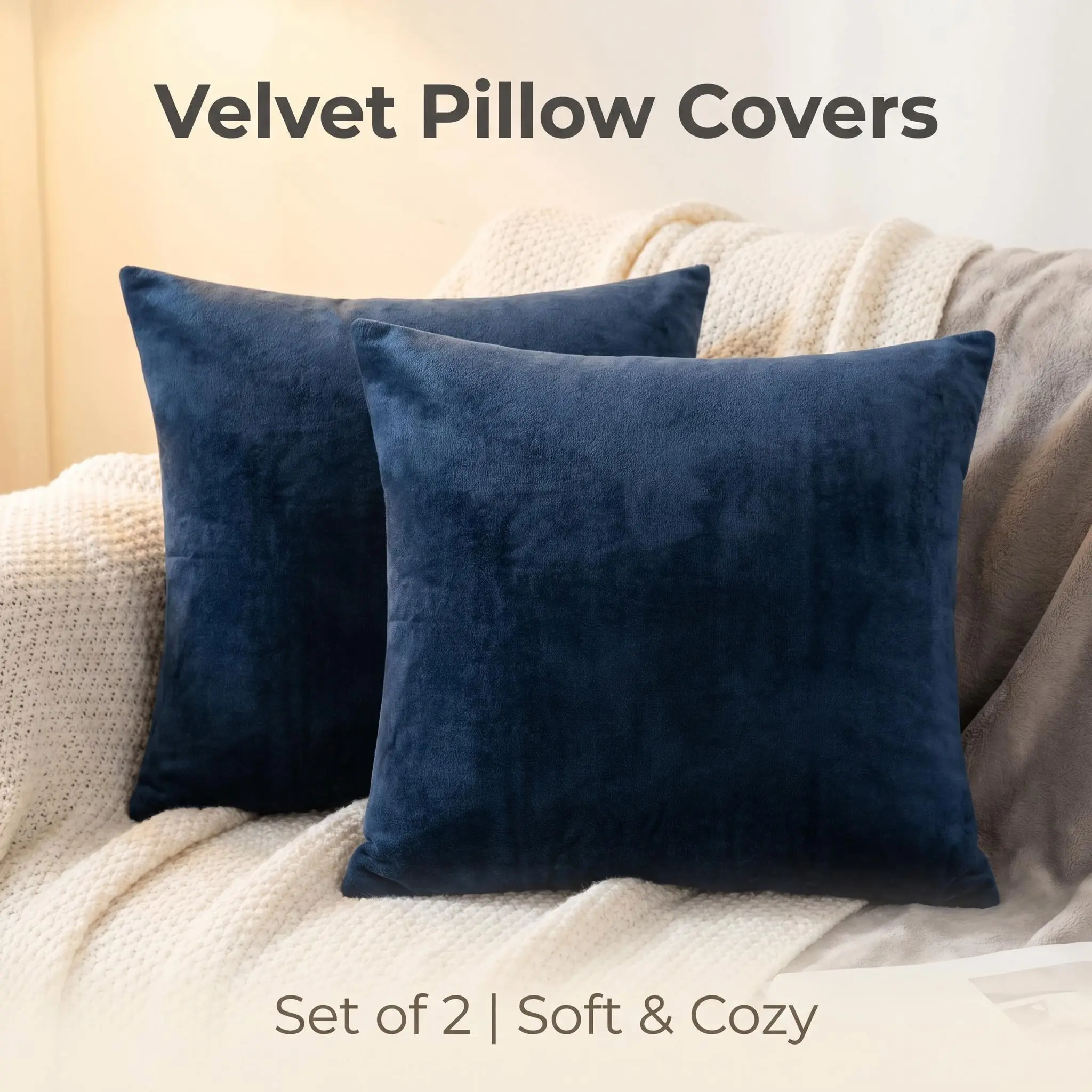 Bedsum 2-Pack Anti-Pilling Velvet Throw Pillow Covers, Ultra-Soft Plush Texture Cushion Cases with Hidden Zipper That Stays Tidy, Pilling-Resistant for Sofa, Couch Home Decor, Anti-Pilling Cushion Covers, Hidden Zipper Stays Tidy