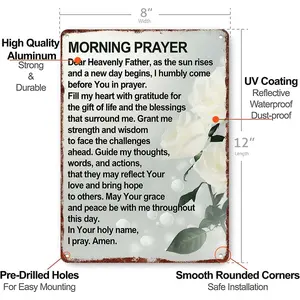 Morning Prayer Christian Wall Art, Religious Home Decor with White Roses, Inspirational Faith Quote Print for Bedroom & Prayer Room, 12x8 Inch