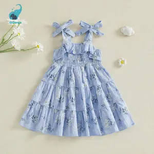 Baby Girl Summer Dress Sleeveless Tie Shoulder Floral Print A-Line Dress Toddler Casual Dress