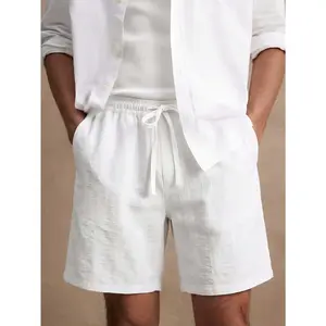 Men's White Summer Shorts, Casual Elastic Waist Drawstring Beach Shorts, Lightweight 100% Polyester Linen-Style Walking Shorts for Vacation