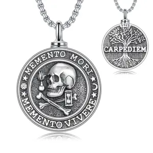 MEIDERBO Dream Chaser Memento Mori Urn Necklace 925 Sterling Silver Oxidized Finish Carpe Diem Pendant Captain Steel Style Stainless Steel Bead Chain 22+2 Inch