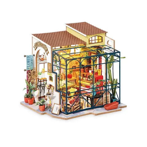 Rolife Emily's Flower Shop Wooden Doll House Kit - 1:24 Scale Brings Mini Scenes to Life, 8.6x7.5x8.2 Inch DIY Assembly Wooden Set with Furniture & Accessories, Decorative Craft Kit for Birthday & Anniversary Gifts
