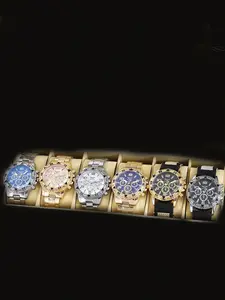 6-piece set of men's watches, men's fake three-eye casual steel band watches, alloy fashion watch set, Casual Wristwatch Set