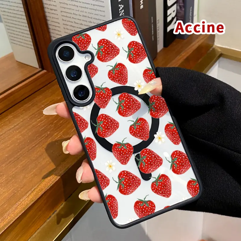 Magnetic Smartphone Case for Samsung Galaxy S22+ S23 Ultra S24 Plus S25 Edge FE, Valentine's Day Strawberry Floral Dream Pattern, Transparent Acrylic Back, TPU Edges, Anti-Fingerprint, Ultra Slim Hard Cover, Handheld Cellphone Protection Gift, Casing