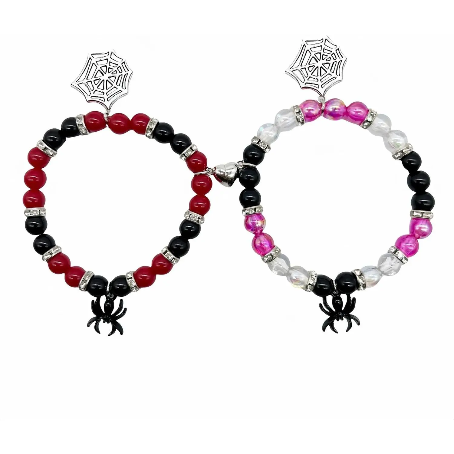 2-Pack Spider Friendship Bracelets for Couples, Halloween   - Stretchable Adjustable  Bead Bracelet with Heart Charm, Love Promise Bracelet for Him Her