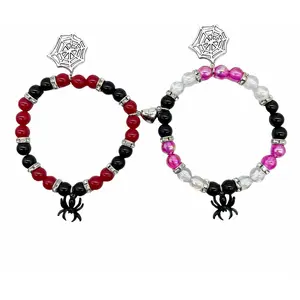 2-Pack Spider Friendship Bracelets for Couples, Halloween   - Stretchable Adjustable  Bead Bracelet with Heart Charm, Love Promise Bracelet for Him Her