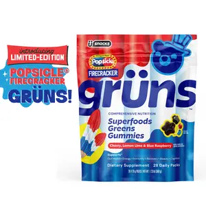 Popsicle Firecracker x Grüns Adult Superfood Greens Gummies (Limited Edition): Comprehensive nutrition with 60+ ingredients: 21 Vitamins and Minerals, 6g Prebiotic Fiber, Adaptogens, Cherry Lemon Lime Blue Raspberry, Gluten Free, Vegan, Third Party Tested