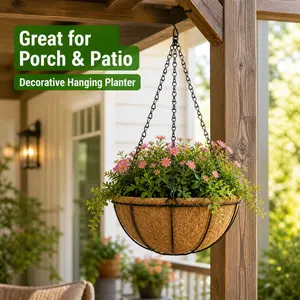 12-Inch Hanging Coconut Fiber Flower Basket, Includes Inner Lining and Chain, Ideal for Balcony, Patio, Porch, Garden Decor