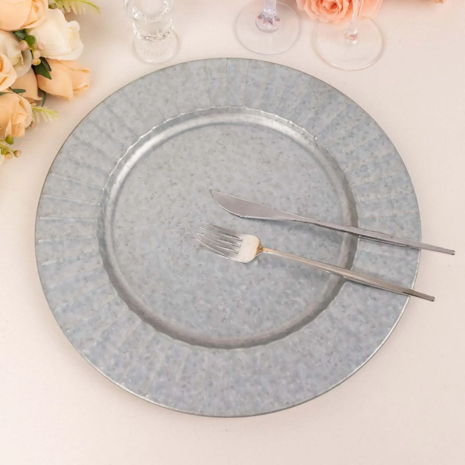4-Pack 13 in Silver Metal Charger Plates with Galvanized Rim Ruffled Edge - Modern Formal Event Tableware, Sleek Dinner Accents