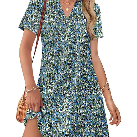 Women's Summer Casual V-Neck T-Shirt Dress with Pockets | Boho Floral Mini Sundress