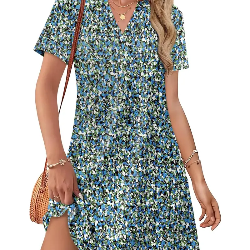Women's Summer Casual V-Neck T-Shirt Dress with Pockets | Boho Floral Mini Sundress