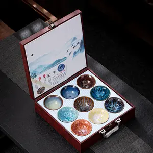 9pcs Tea Cup Set 80-110ml---Kiln Change Tea Cup Set Ceramic Tasting Cup JianZhan Master Cup Tea Bowl Tea Bowl Household KungFu Tea Set Gift Box Home
