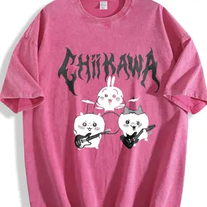 Heavy Metal Chiikawa Usagi Hachiware Washed T Shirts Streetwear Hip Hop Vintage T-Shirts Tee Shirt for Men Women Cotton Oversize Menswear Top Round Neck Festive