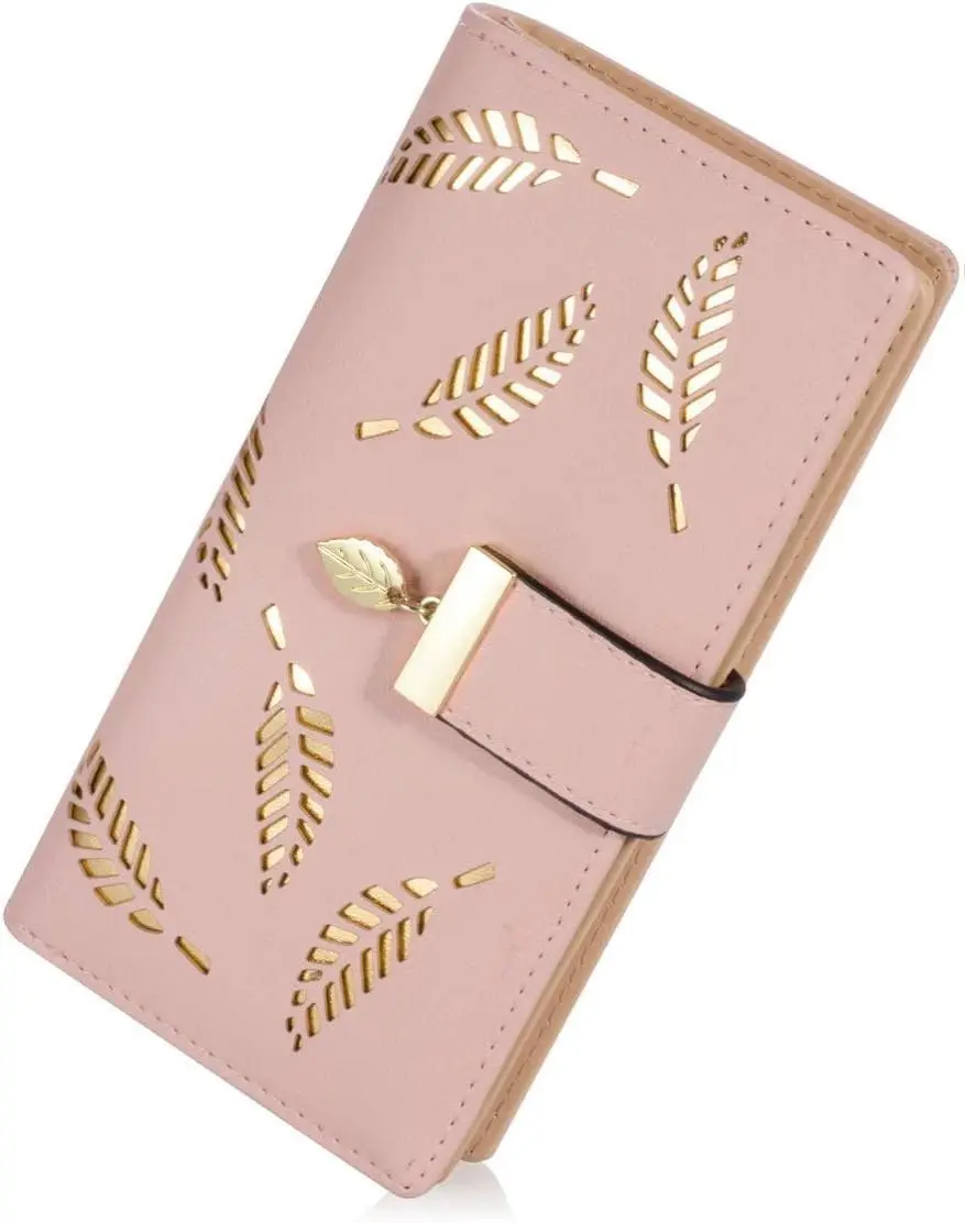 Women's Leather Long Leaf Motif Bifold Wallet - Lightweight Fold, Zipper Buckle, Chic Look, Card Holder, Elegant Clutch for Business Use, Pink Wallets for Women