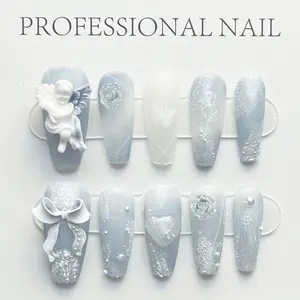 Handmade Press On Nails Short, Coffin Fake Nails With Designs,10pcs Acrylic Nails Press Ons, 3d Cute False Nails for Women