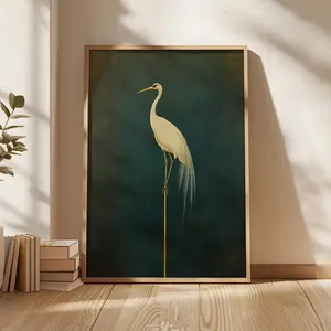Office Ready] Vintage Japanese Crane Art Print – Minimalist Bird Wall Decor, Green & Golden Canvas, No Frame, Perfect for Living Room, Bedroom, or Office, Office Decor