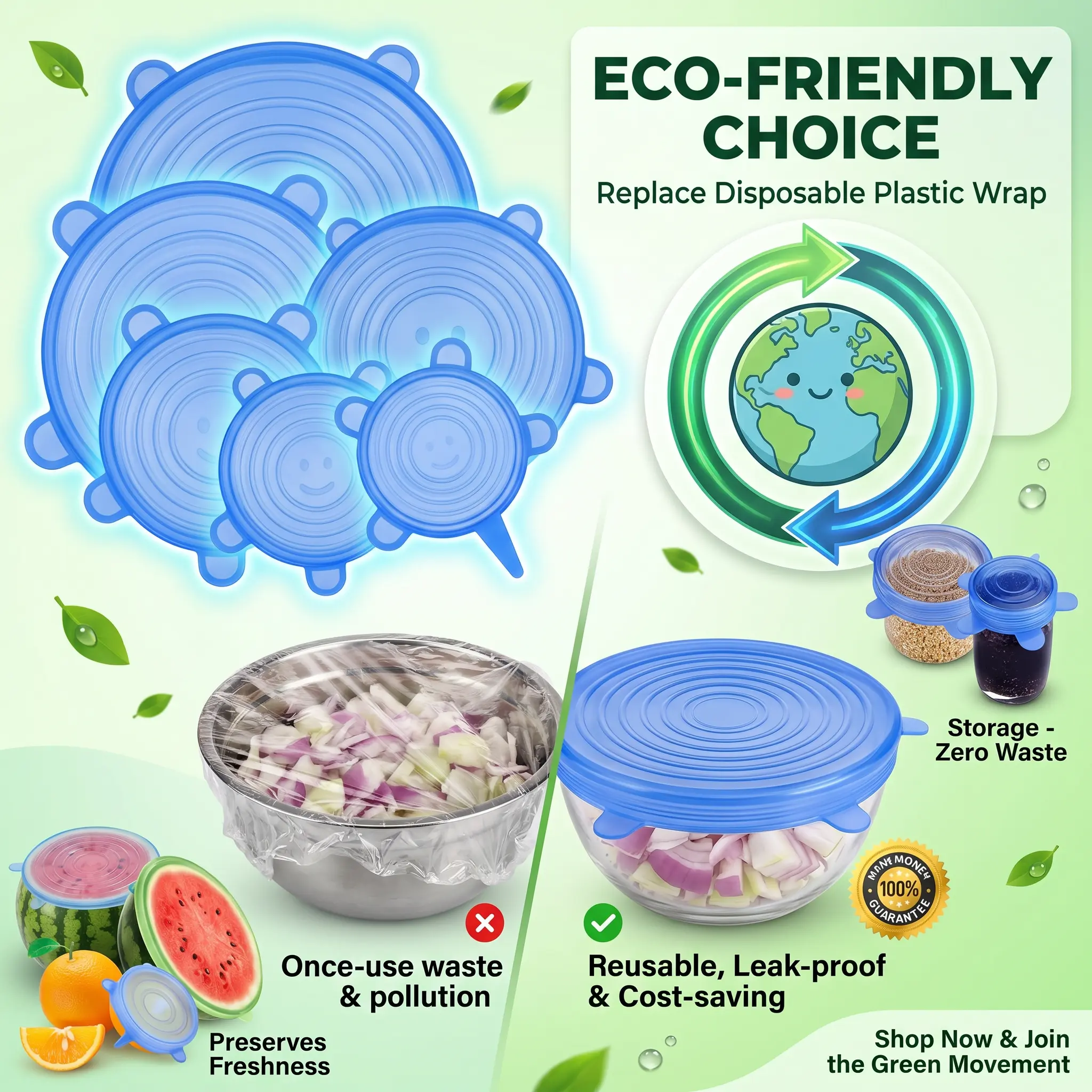 Universal Reusable Silicone Lids – 6-Pack Self-Sealing Food Covers for Various Container Sizes