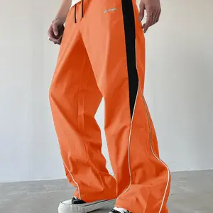 Men's Black Colorblock Sweatpants - White Side Stripes, Embroidered Design, Drawstring Waist, Straight Leg, Loose Athletic Track Pants for Gym Wear, Streetwear Clothing