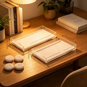 Adiison 2 Set Acrylic Bathroom Tray for Counter, Handmade Clear Trays Sturdy Organizer for Cup, Sponge, Soap, 7.87* 3.94"*0.98“inch, for Bathroom Countertop & Vanity Organizer, Wood Tray for Perfume, Skincare & Accessories Storage