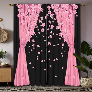 2pcs Privacy Protection Filter Light Curtain Rod Drapes, Window Curtain, Polyester Material, Cherry Blossom Pattern, Suitable for Living Room Bedroom Decor